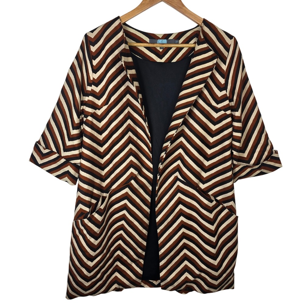 Eva Franco Chevron Print Blazer XS/S Brown Open Front Career Coat Anthropologie - Picture 1 of 5